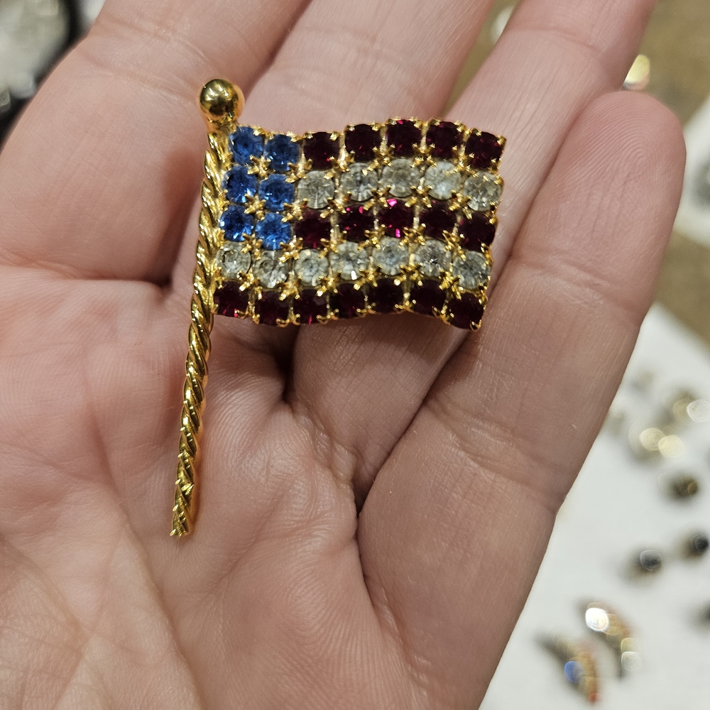 Gold American Flag Brooch with Red, Blue, and White Crystals